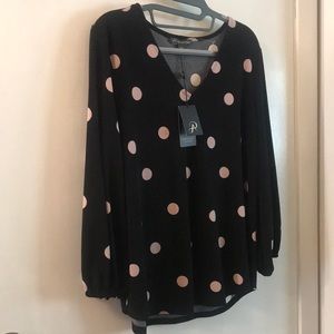 Adriana Papell black blouse with blush colored polka dots. Size L.